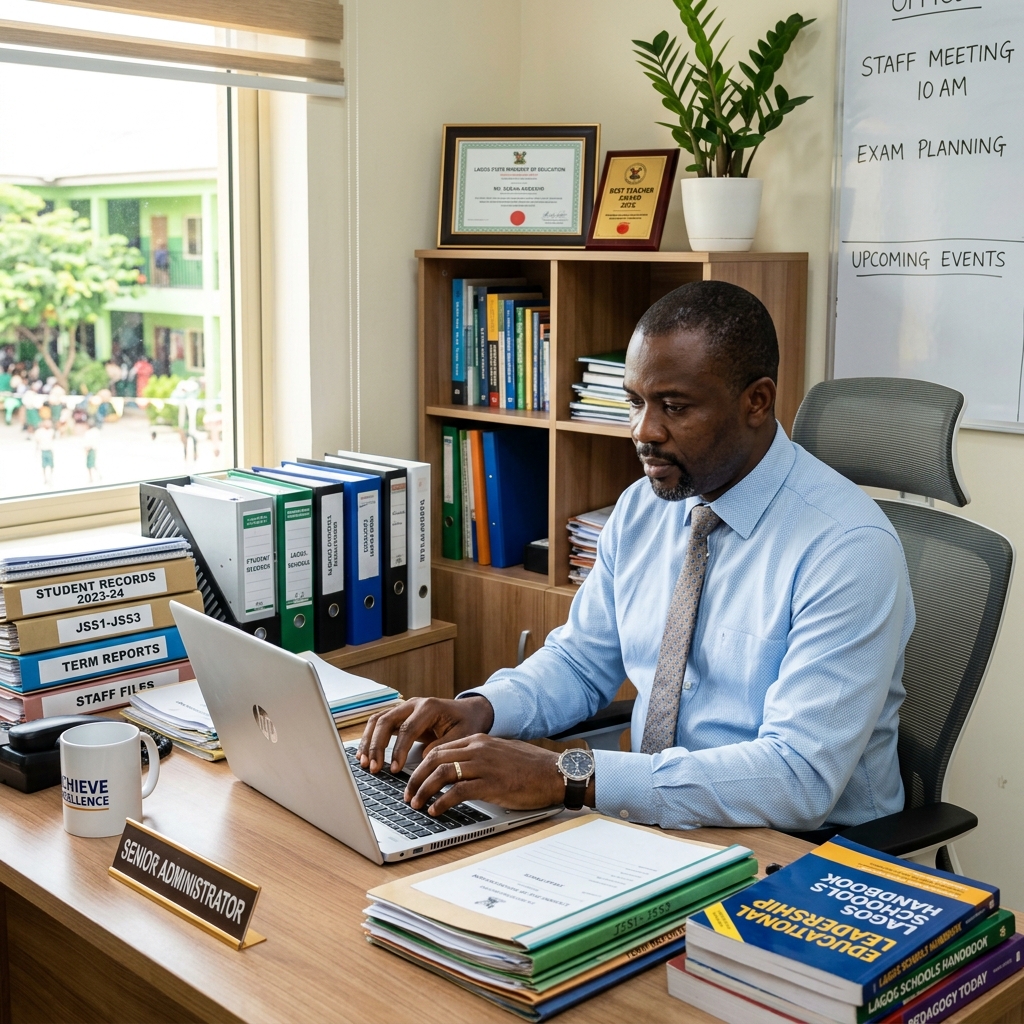 Teacher working late with stacks of paper